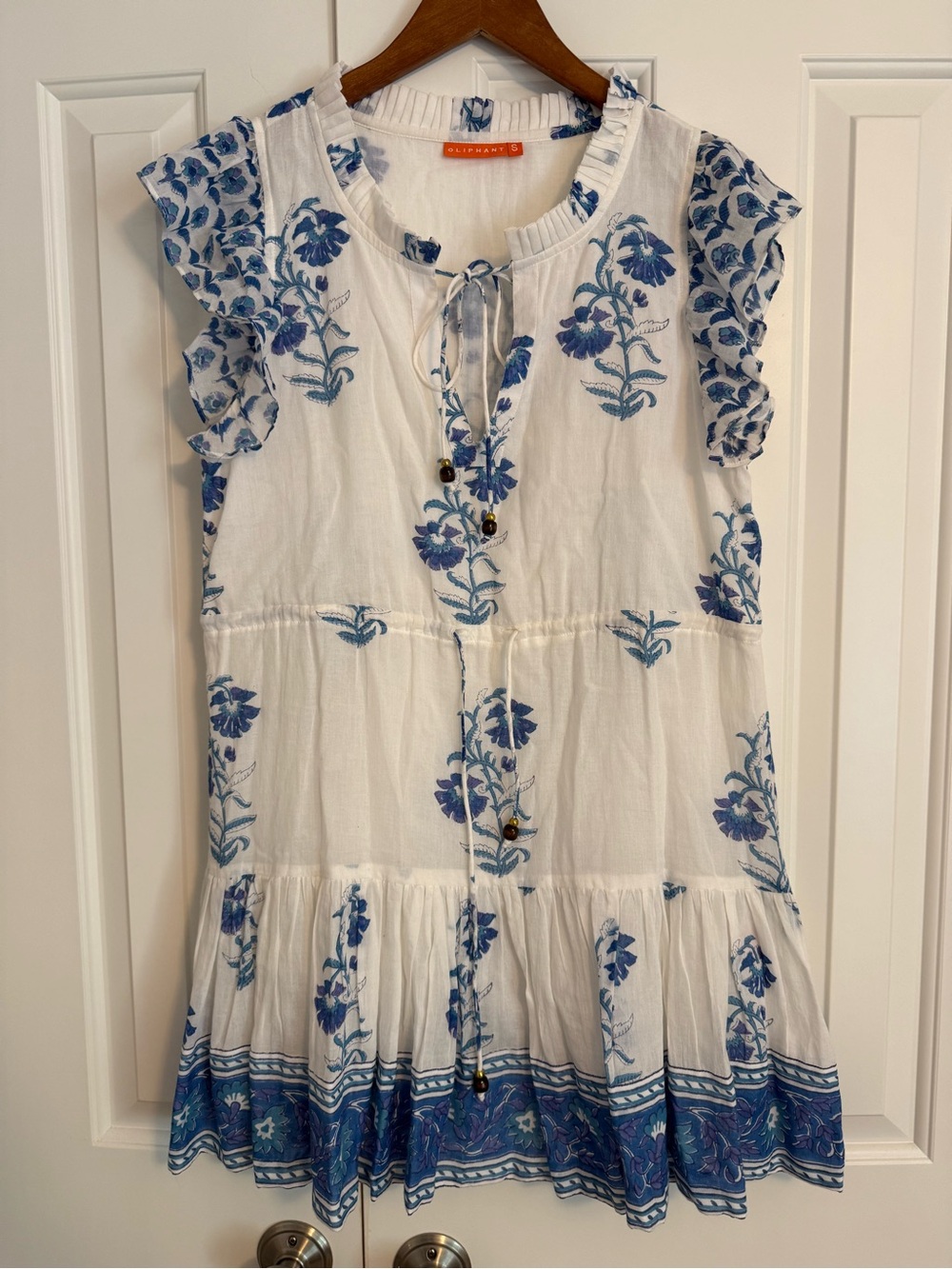 Oliphant Blue and White Mini Dress Ruffle Sleeves Size Small